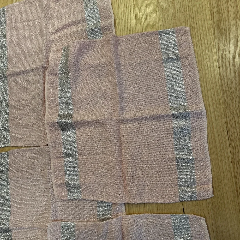 Vintage MCM Pink Woven Tablecloth 11 Napkins Set Metallic Silver Stripe 93x64
